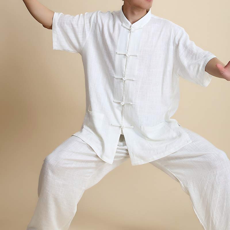 Conjunto de ropa unisex con bordado de Buddha Stones para meditación, oración zen, práctica espiritual de tai chi y qigong - Manga corta blanca - US14, UK/AU18, EU46 (3XL) - image 22