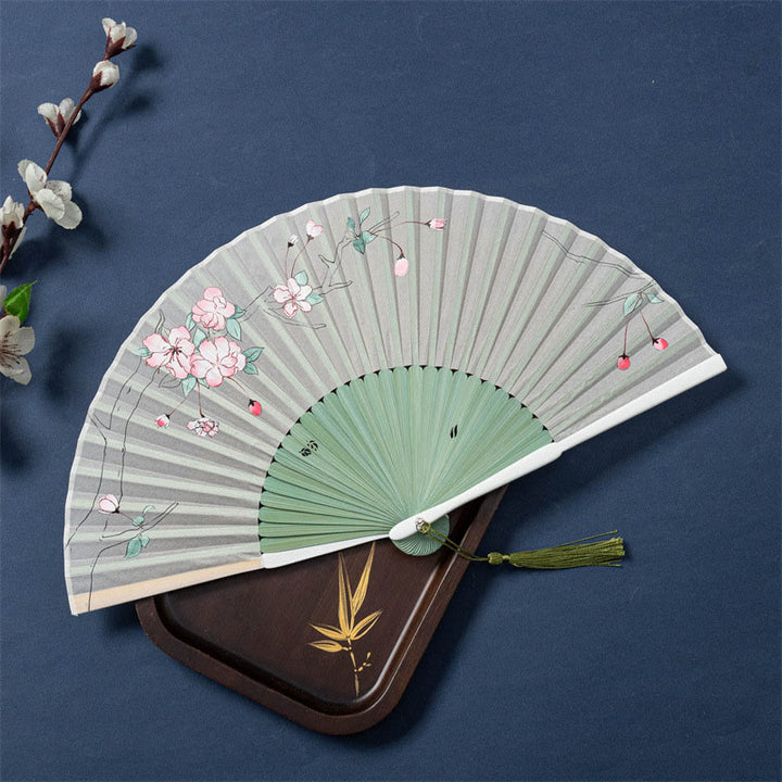 Abanico plegable de bambú de seda de mano con Buddha Stones , loto, flor de Begonia, jazmín, 21cm