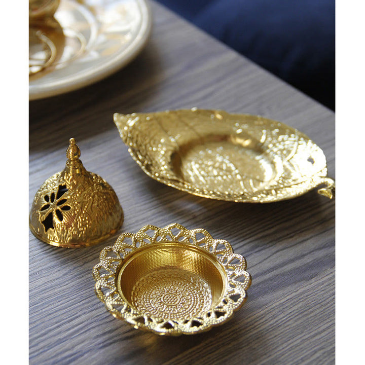 Quemador de incienso de meditación con posavasos de mini hojas de oro tibetano