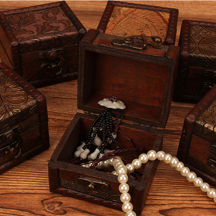 Caja de joyería de madera cuadrada pequeña Retro con Buddha Stones , flor de loto, uva, cobre, moneda, narciso, caja de almacenamiento de joyería