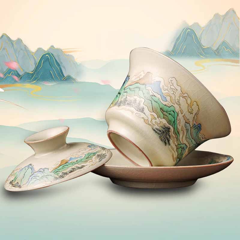 Buddha Stones, un panorama de ríos y montañas, flores, taza de té de cerámica Gaiwan Sancai, taza de té de Kung Fu y platillo con tapa