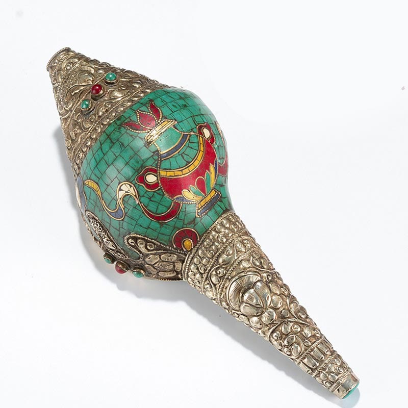 Tibetano hecho a mano grabado Shankha doble Dorje Buda Concha riqueza decoración positiva