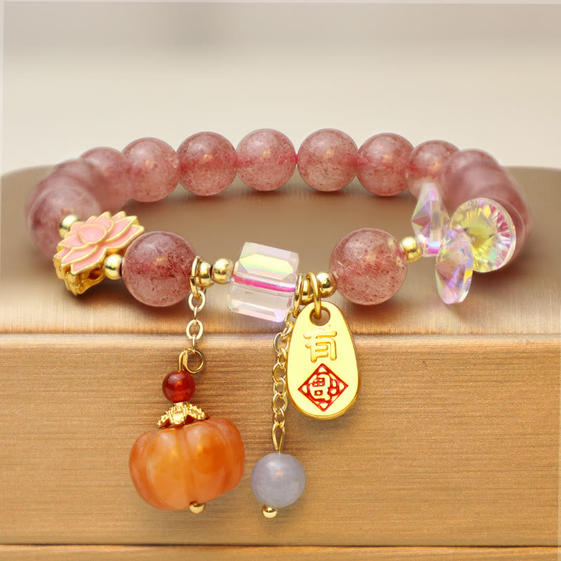 Pulsera positiva con dije de calabaza con personaje Fu de cuarzo fresa natural con Buddha Stones