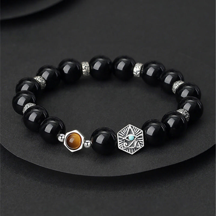 Pulsera de purificación de ojo de tigre de obsidiana negra de plata de ley 925 con Buddha Stones - Obsidiana negra y ojo de tigre - image 0