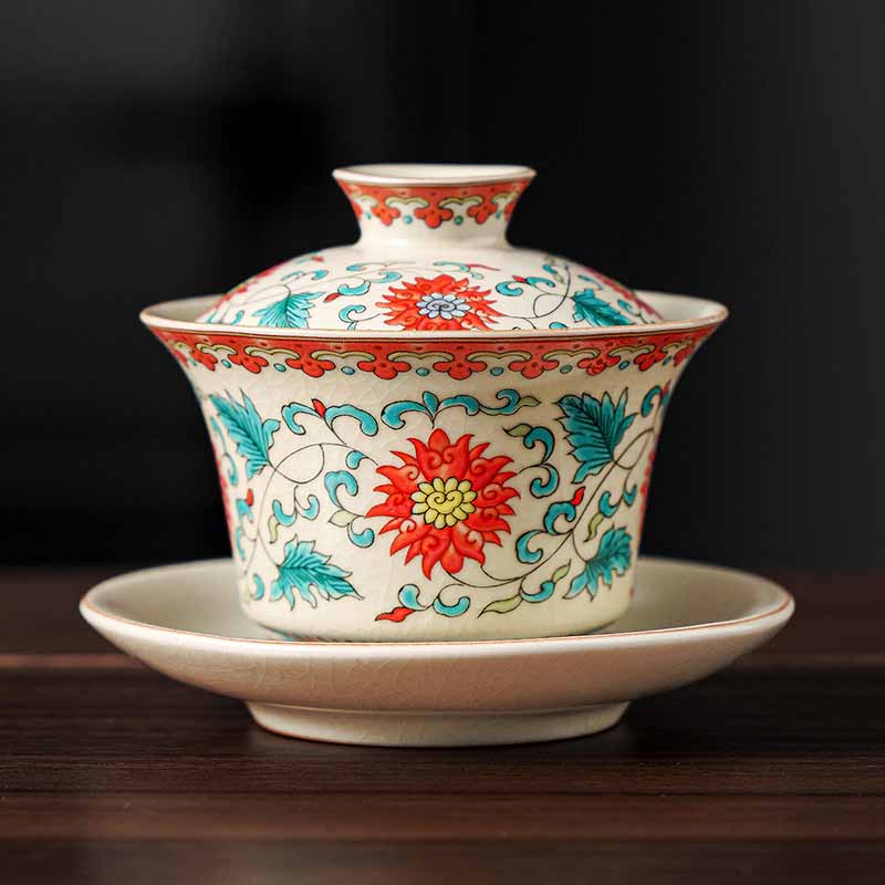 Buddha Stones, un panorama de ríos y montañas, flores, taza de té de cerámica Gaiwan Sancai, taza de té de Kung Fu y platillo con tapa
