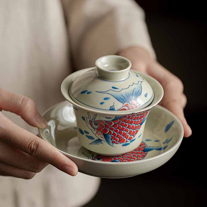 Buddha Stones Koi Arowana cerámica Gaiwan Sancai taza de té Kung Fu con tapa 130ml