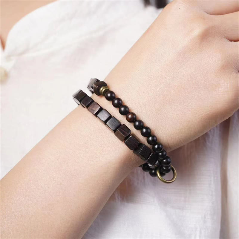 Pulsera de doble vuelta con cuentas cuadradas de madera de ébano del Tíbet y Buddha Stones