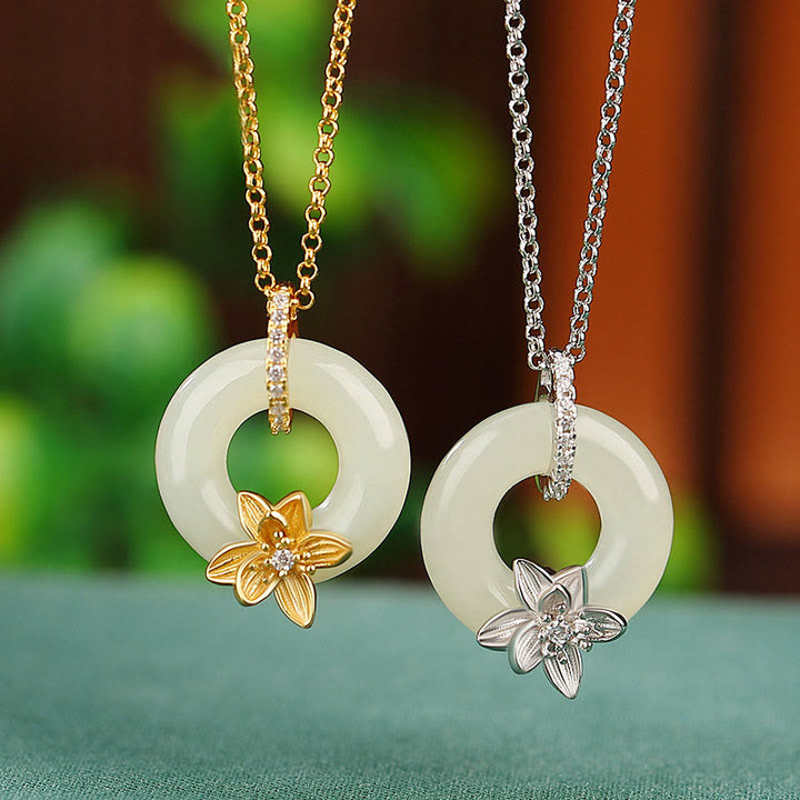 Colgante de plata de ley 925 con Buddha Stones , jade hetiano, hebilla de la paz, flor de la suerte