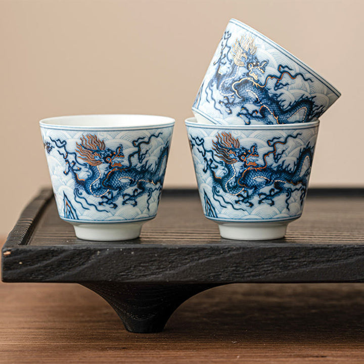 Tazas de té de cerámica con diseño de dragón blanco y azul pequeño de Buddha Stones, tazas de té de Kung Fu de 45ml