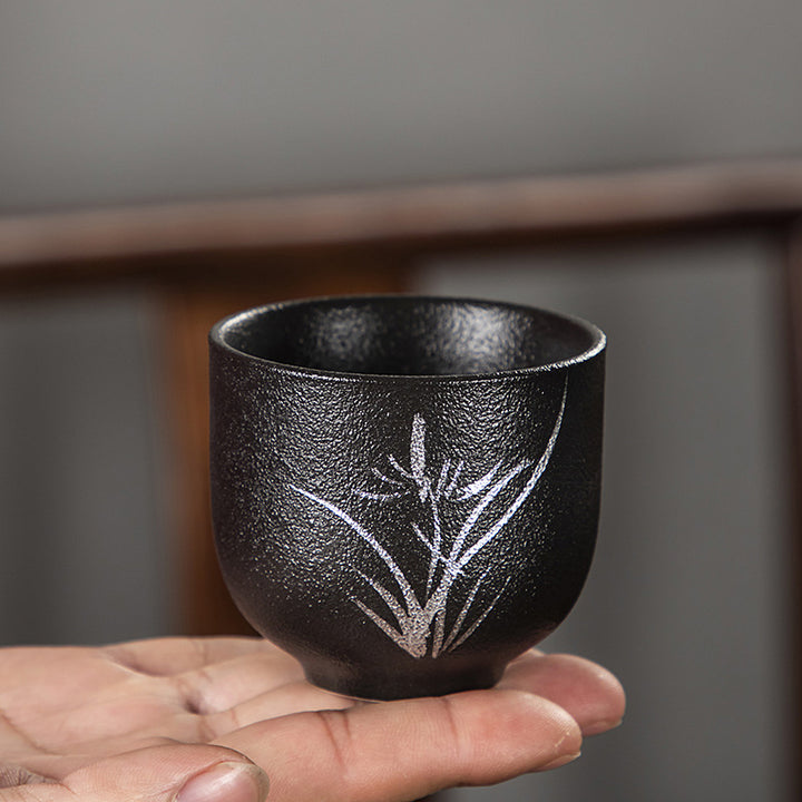 Buddha Stones, flor de loto pintada a mano, crisantemo de bambú, cerámica negra, taza de té de cerámica, taza de té de Kung Fu 95ml