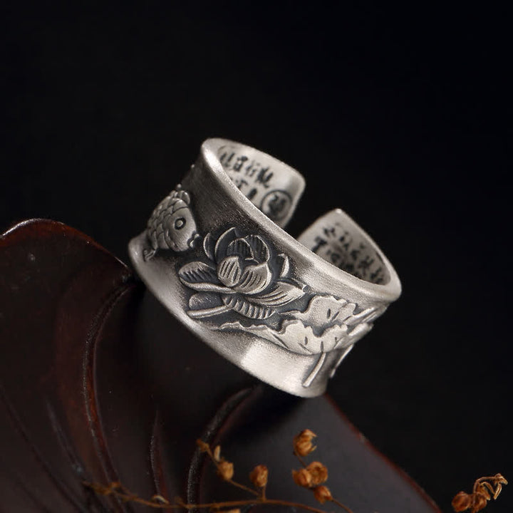 Anillo de plata de ley 999 con diseño de corazón de loto y pez koi de la suerte