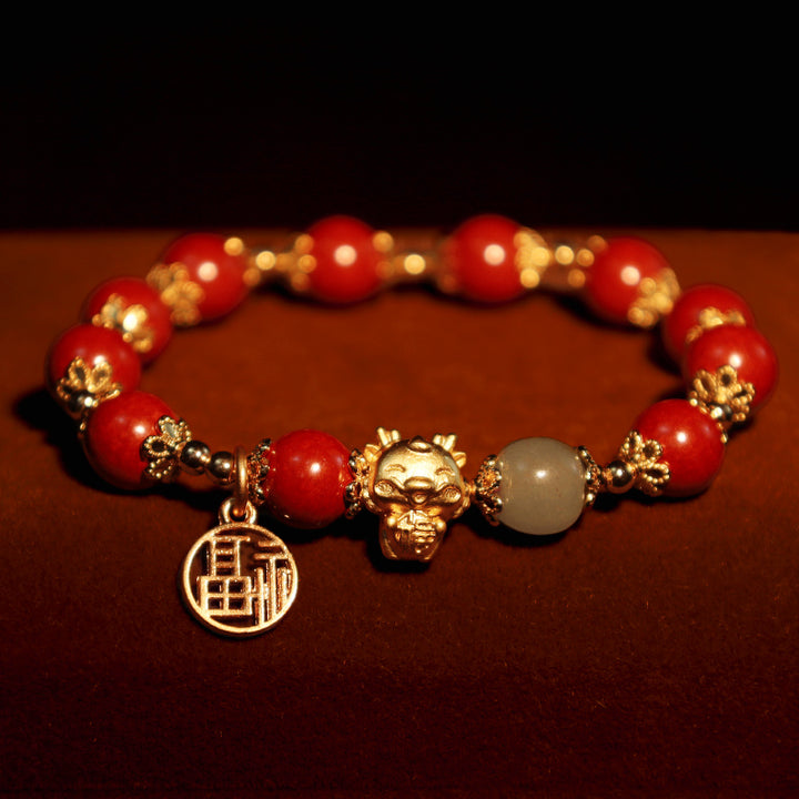 Buddha Stones Año del Dragón Cinabrio Natural Fu Carácter Charm Pulsera de Bendición