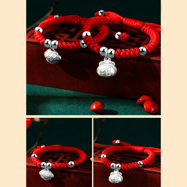 Buddha Stones Plata de ley 925 Hecha a mano Personaje Fu Bolsa de dinero de la suerte Candado chino Campana Loto Moneda de cobre Nudo King Kong Pulsera trenzada para niños