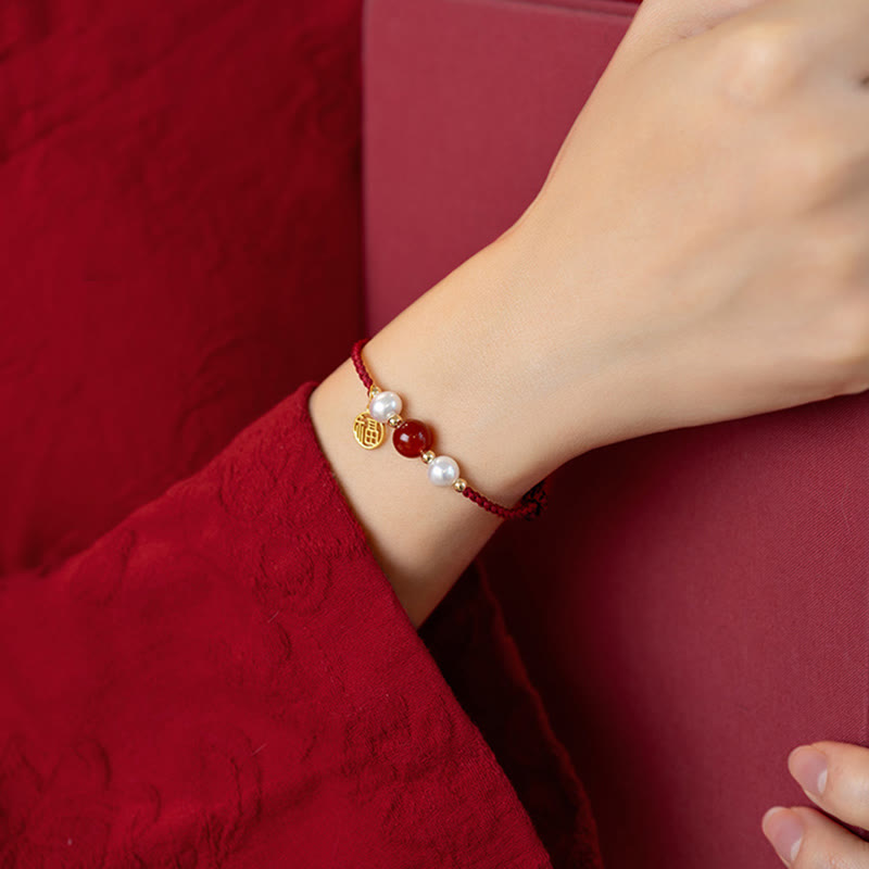 Pulsera trenzada de hilo rojo con perlas de ágata y carácter de buena fortuna de plata de ley 925 con Buddha Stones