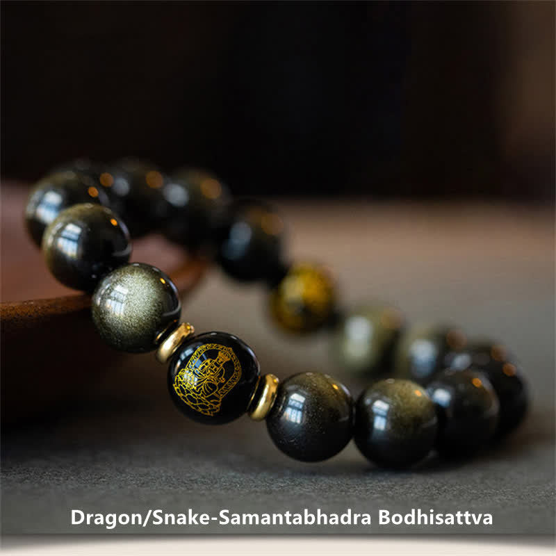 Pulsera de protección de la riqueza de obsidiana con brillo dorado del Buda Natal del zodíaco chino