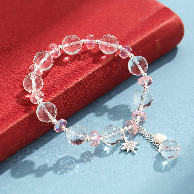 Pulsera con dije de estrella de protección de cristal rosa y cristal blanco con Buddha Stones