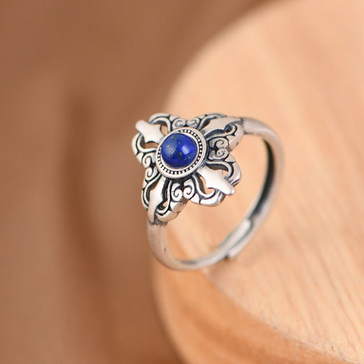 Anillo ajustable positivo de lazurita natural de plata de ley 925 con Buddha Stones del Tíbet