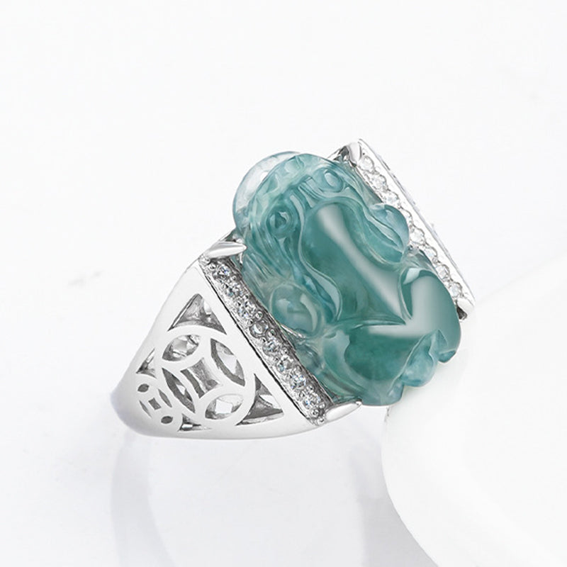 Buddha Stones Plata de Ley 925 Fengshui Riqueza Prosperidad Jade PiXiu Anillo de Suerte