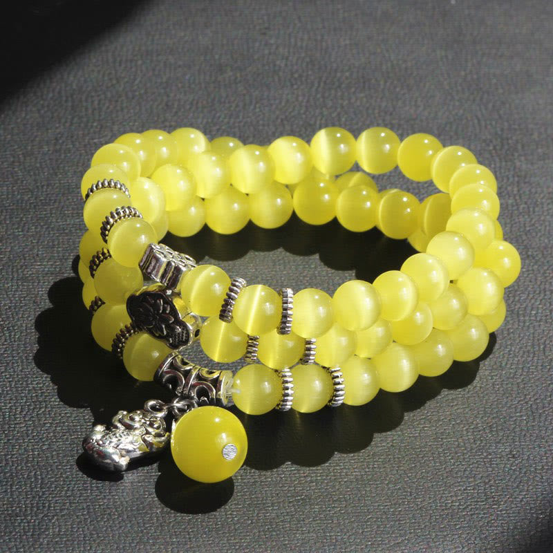 Pulsera de triple vuelta con soporte PiXiu de ojo de gato y Buddha Stones