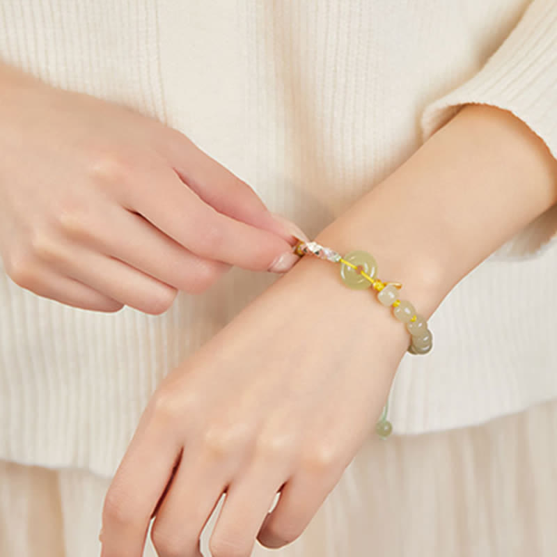 Pulsera de plata de ley 925 con hebilla de paz y jade hetiano con cuentas de suerte y felicidad