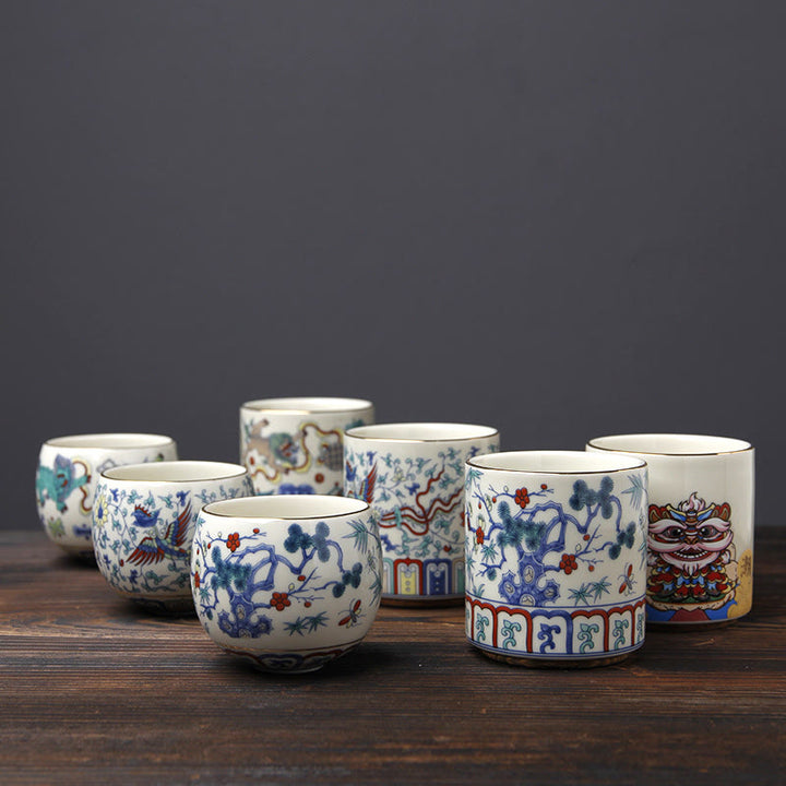 Tazas de té de cerámica con Buddha Stones, Vintage, flor de ciruelo, pino, bambú, Phoenix, Kirin, León, baile