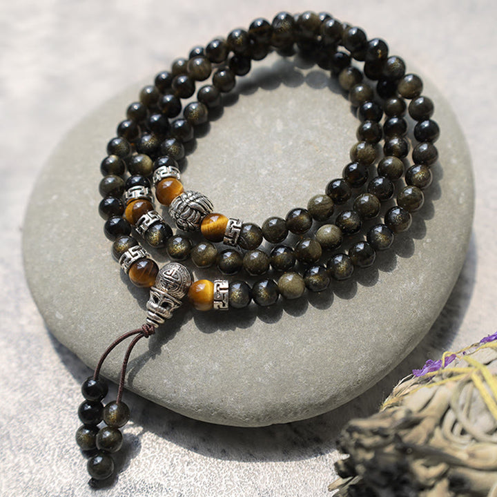 Collar Pulsera Energía Obsidiana Dorada