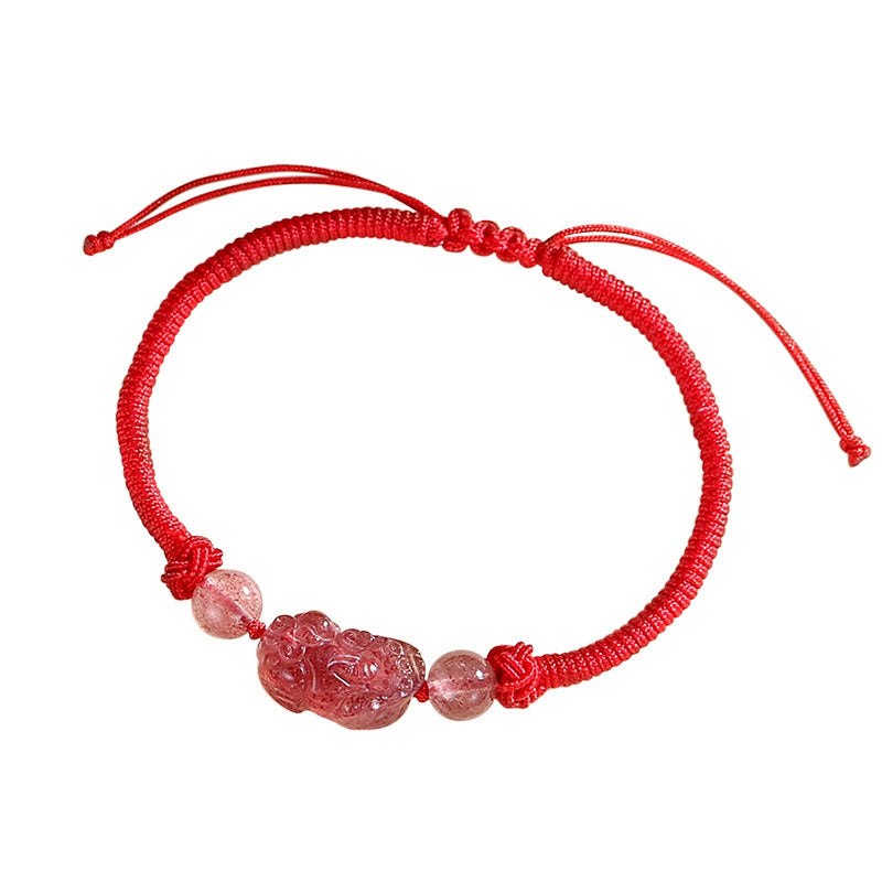 Pulsera trenzada de protección PiXiu de cuarzo fresa obsidiana con brillo de plata Natural hecha a mano con Buddha Stones