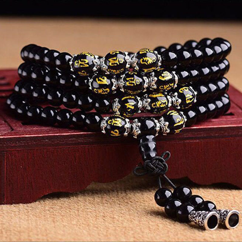 Pulsera Mala de protección con seis palabras verdaderas de obsidiana negra con Buddha Stones