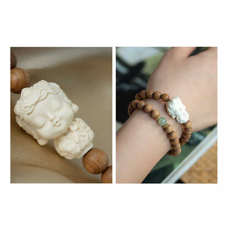 Pulsera de protección de tara verde con Buddha Stones , sándalo, jade hetiano, marfil, fruta