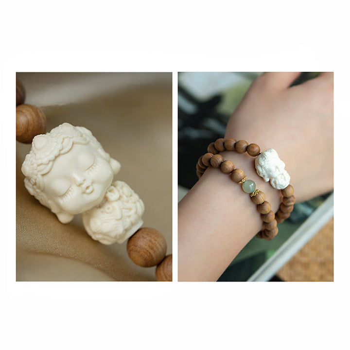 Pulsera de protección de tara verde con Buddha Stones , sándalo, jade hetiano, marfil, fruta