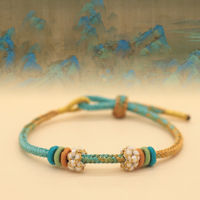 Pulsera trenzada de cuerda de la suerte con nudo de paz de ocho hilos hecha a mano con Buddha Stones - Panorama de ríos y montañas (verde y amarillo) (circunferencia de muñeca: 14-18 cm) - image 1