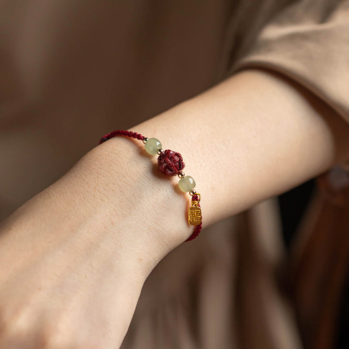 Pulsera de cuerda de la suerte con carácter de Jade Hetian del zodíaco chino cinabrio Natural de Buddha Stones