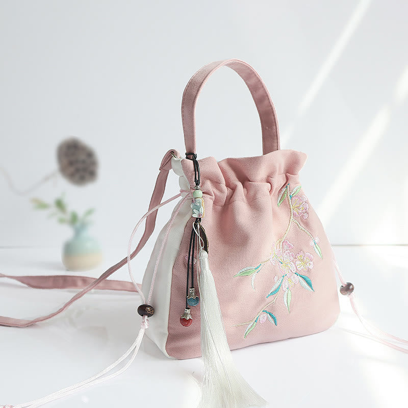 Bolso de hombro de lona con flores bordadas hechas a mano con Buddha Stones - Flor de durazno rosa y blanca 20*20cm - image 38