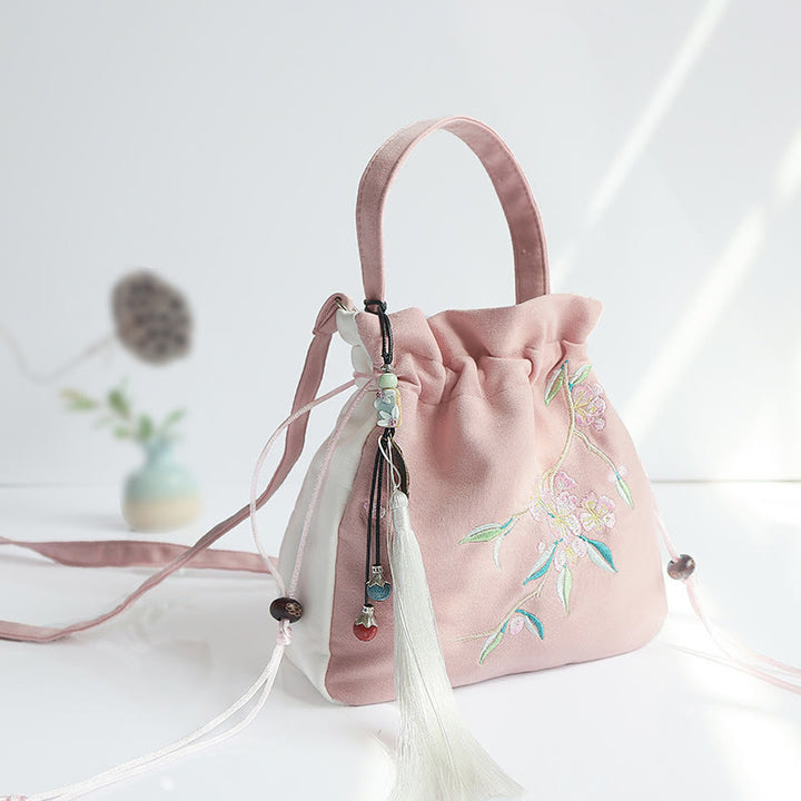 Bolso de hombro de lona con flores bordadas hechas a mano con Buddha Stones - Flor de durazno rosa y blanca 20*20cm - image 38