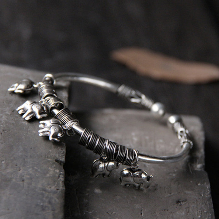 Brazalete de pulsera de fuerza de elefante de plata de ley 925 con Buddha Stones
