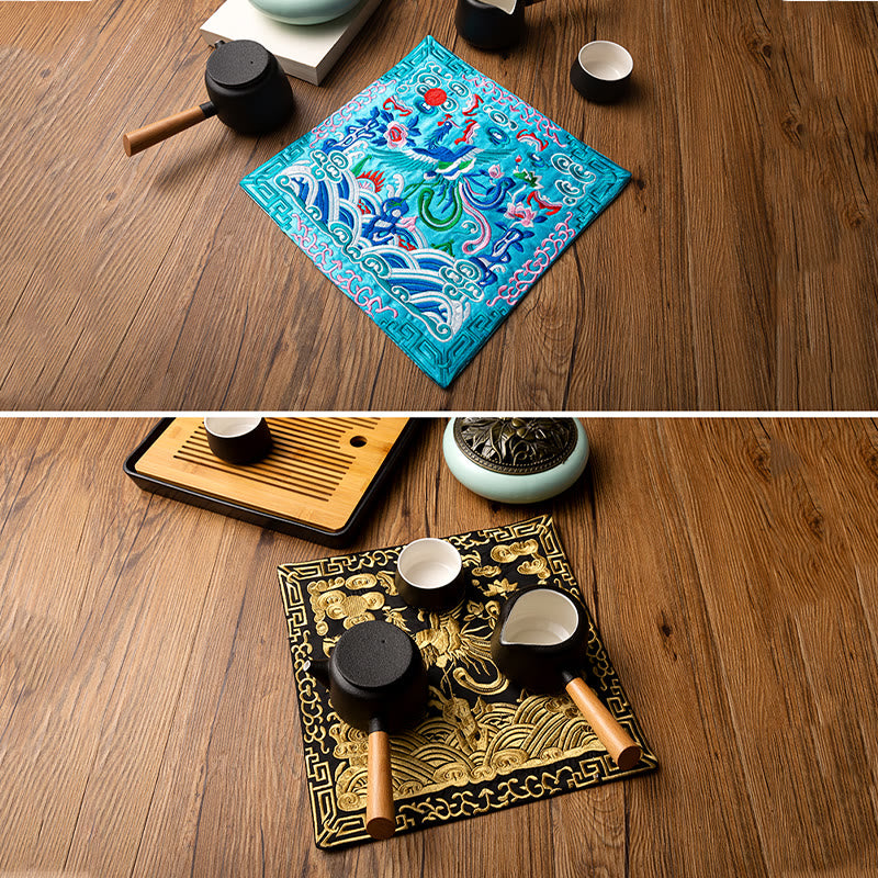 Alfombrilla para taza bordada con Buddha Stones , dragón Fénix, Kirin, posavasos para taza de té, tapete para té Kung Fu
