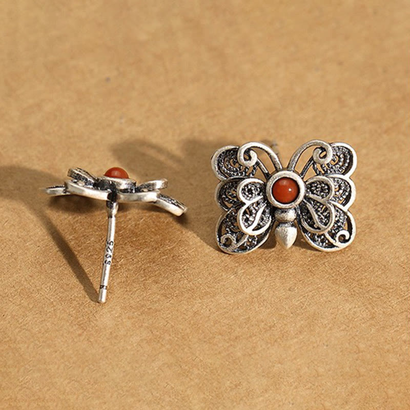 Juego de pendientes de anillo de autoaceptación de mariposa de ágata roja de plata de ley 925 con Buddha Stones