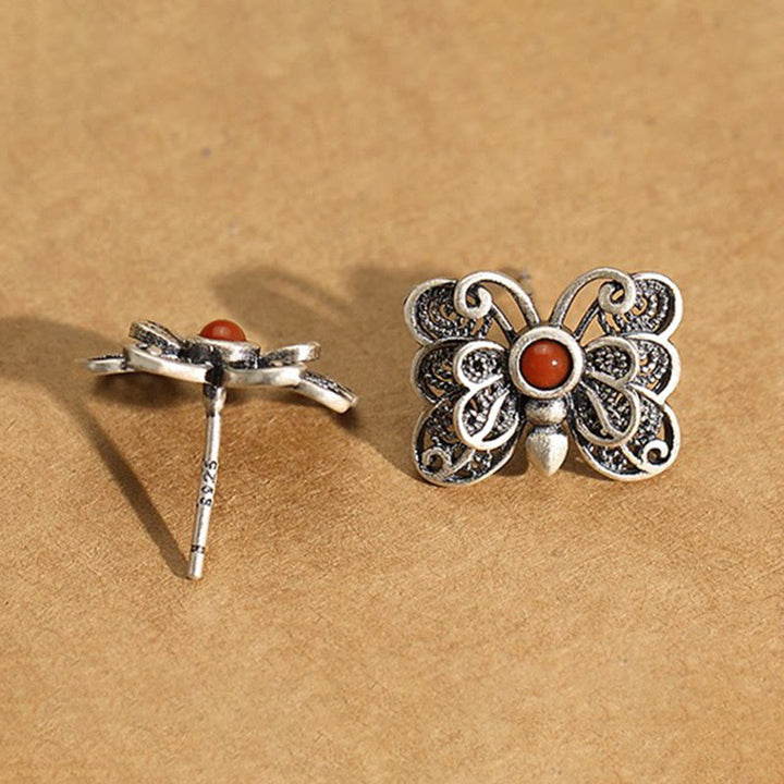 Juego de pendientes de anillo de autoaceptación de mariposa de ágata roja de plata de ley 925 con Buddha Stones