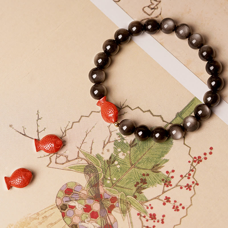 Pulsera de protección calmante con Buddha Stones , obsidiana con brillo de plata natural, cinabrio, pez Koi