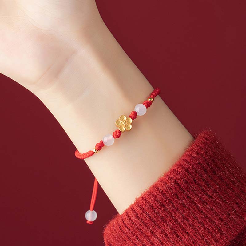 Pulsera de cuerda roja de la suerte con cuentas de calcedonia, cereza, flor de melocotón, Plata de Ley 925 hecha a mano con Buddha Stones