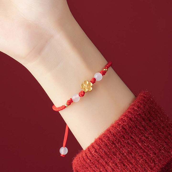 Pulsera de cuerda roja de la suerte con cuentas de calcedonia, cereza, flor de melocotón, Plata de Ley 925 hecha a mano con Buddha Stones
