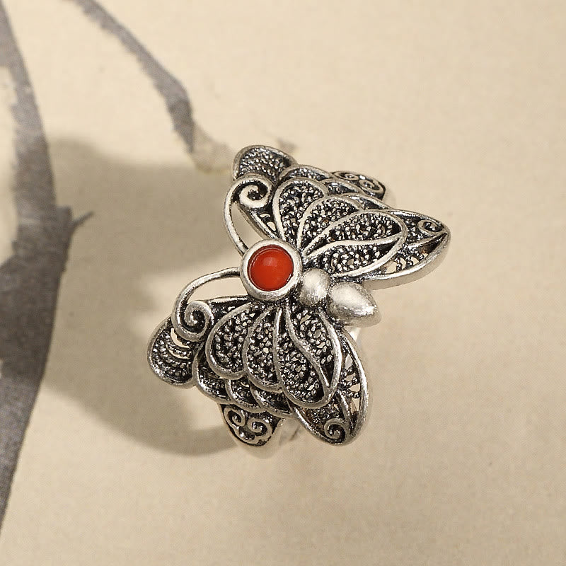 Juego de pendientes de anillo de autoaceptación de mariposa de ágata roja de plata de ley 925 con Buddha Stones