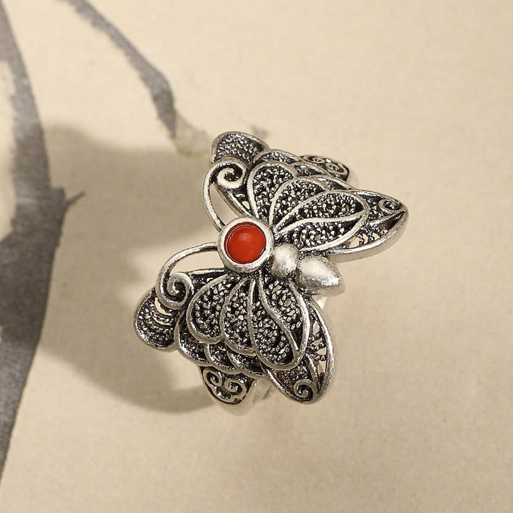 Juego de pendientes de anillo de autoaceptación de mariposa de ágata roja de plata de ley 925 con Buddha Stones