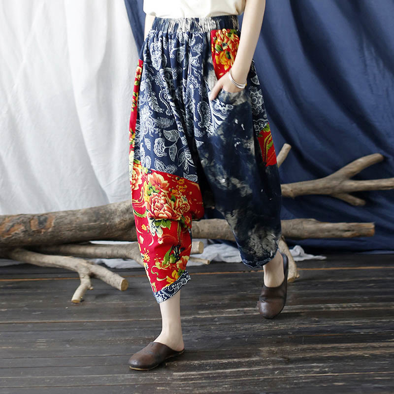Pantalones bombachos de lino y algodón con retazos de flores de peonía azul y rojo con Buddha Stones y bolsillos