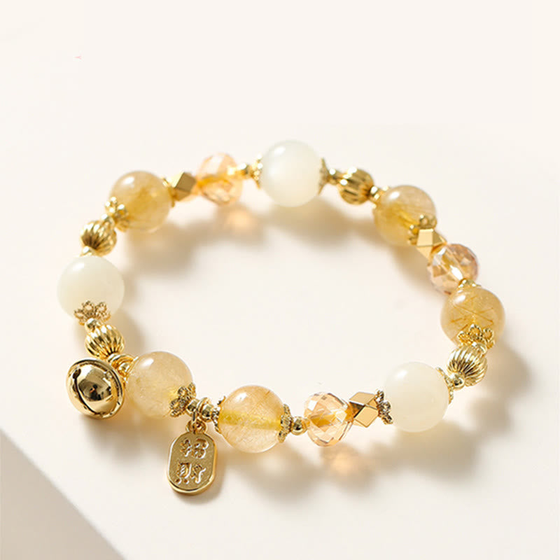 Pulsera con amuleto de la fortuna de la suerte, campana de la riqueza, cuarzo rutilado dorado, chapado en oro de 14 quilates con Buddha Stones