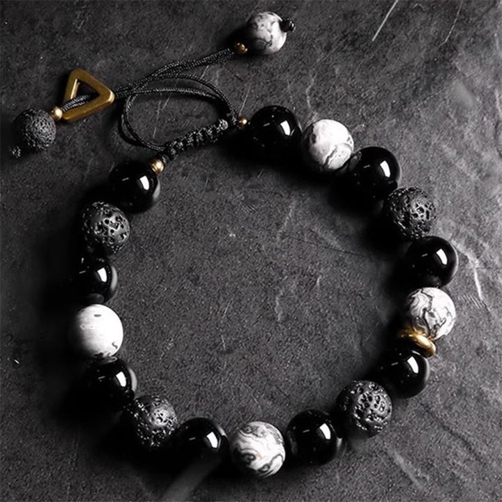 Pulsera de fuerza Yin Yang de piedra de roca de lava de obsidiana negra con Buddha Stones