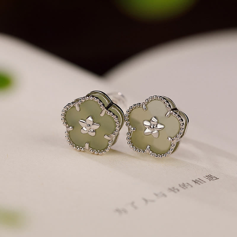 Pendientes de plata de ley 925 con Buddha Stones , jade hetiano y flor de ciruelo