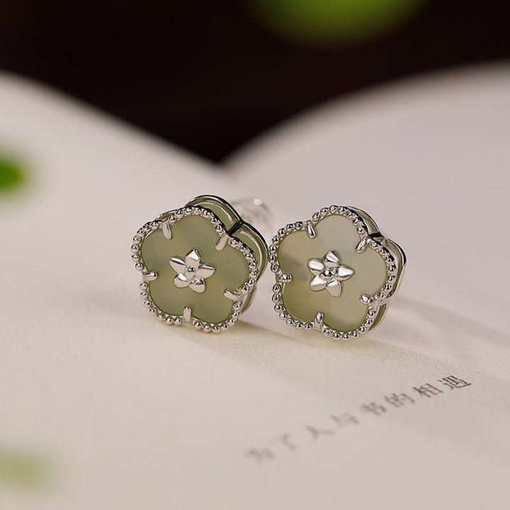 Pendientes de plata de ley 925 con Buddha Stones , jade hetiano y flor de ciruelo