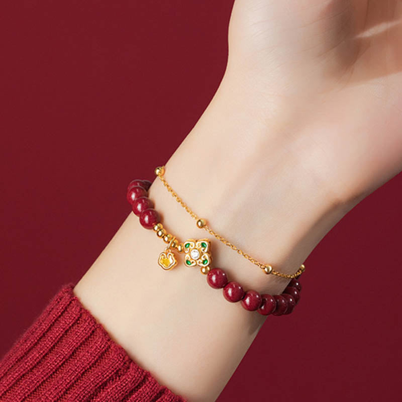 Pulsera de cadena de bendición de flores de trébol de cuatro hojas de cinabrio natural de plata de ley 925 con Buddha Stones