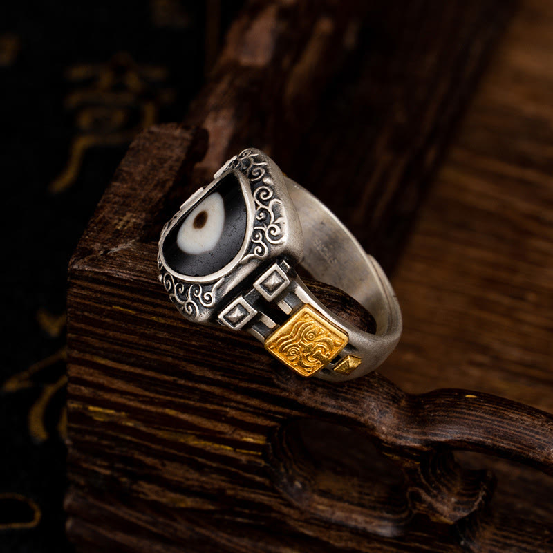 Anillo de protección de cuentas Dzi con diseño de diosa de la riqueza Zakiram de plata de ley 925 con Buddha Stones